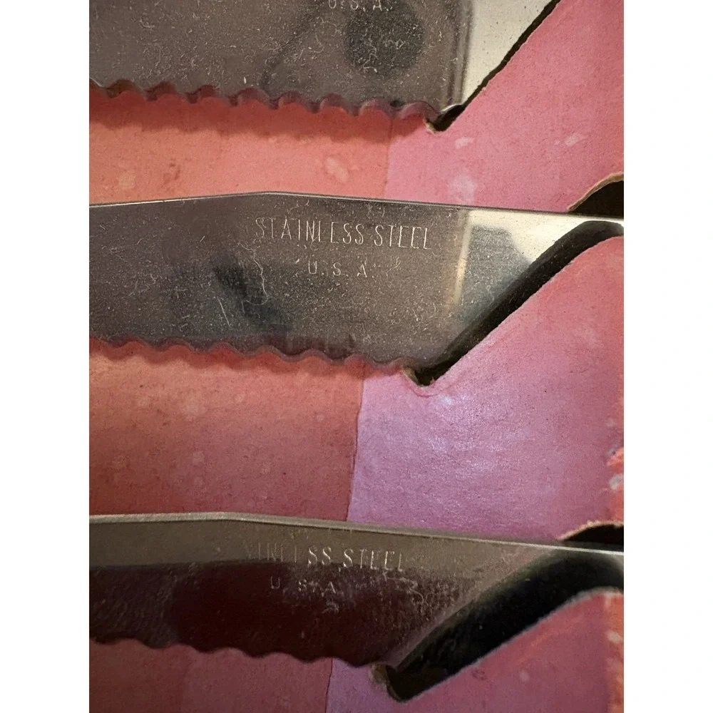 VTG Elegant Cutlery 4 Pc Serrated Steak Knife Set Faux Stag Handles Box USA